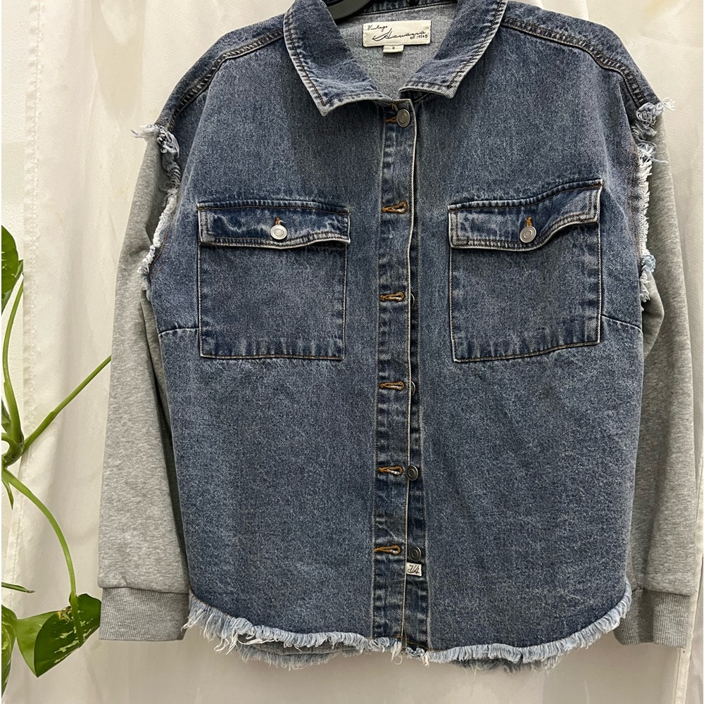 Womens Vintage Havana Denim Blue & Gray Fabric/Denim Jacket Sz Small - Picture 1 of 1